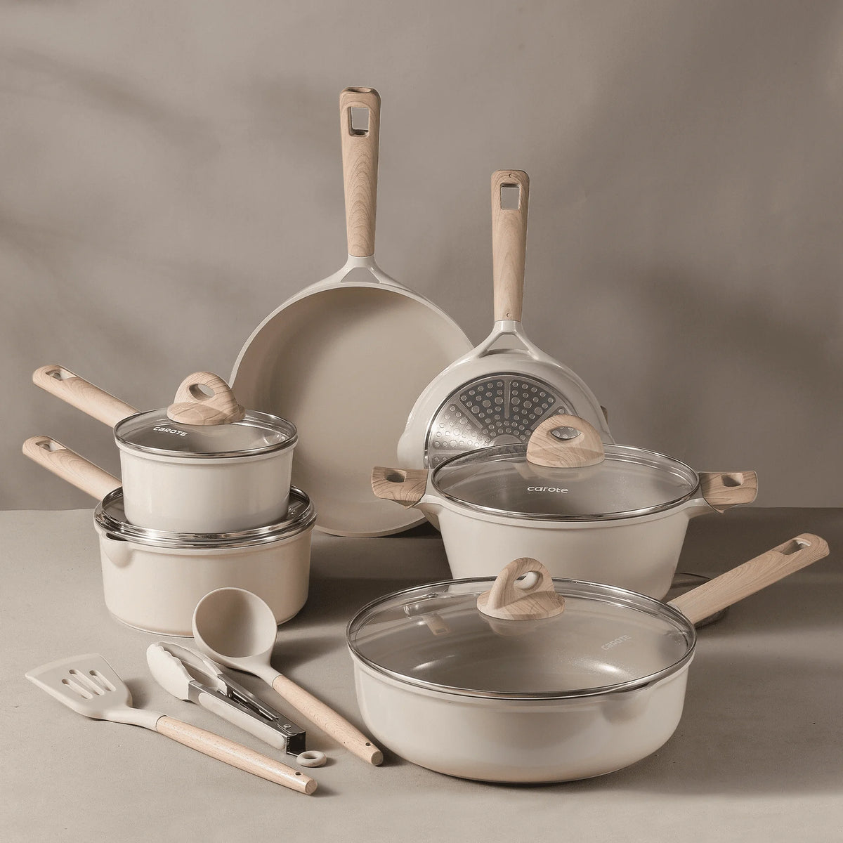 Carote Nonstick Pots and Pans Set, 13 Pieces Kitchen Cookware Sets Compatible for All Stoves, White Granite