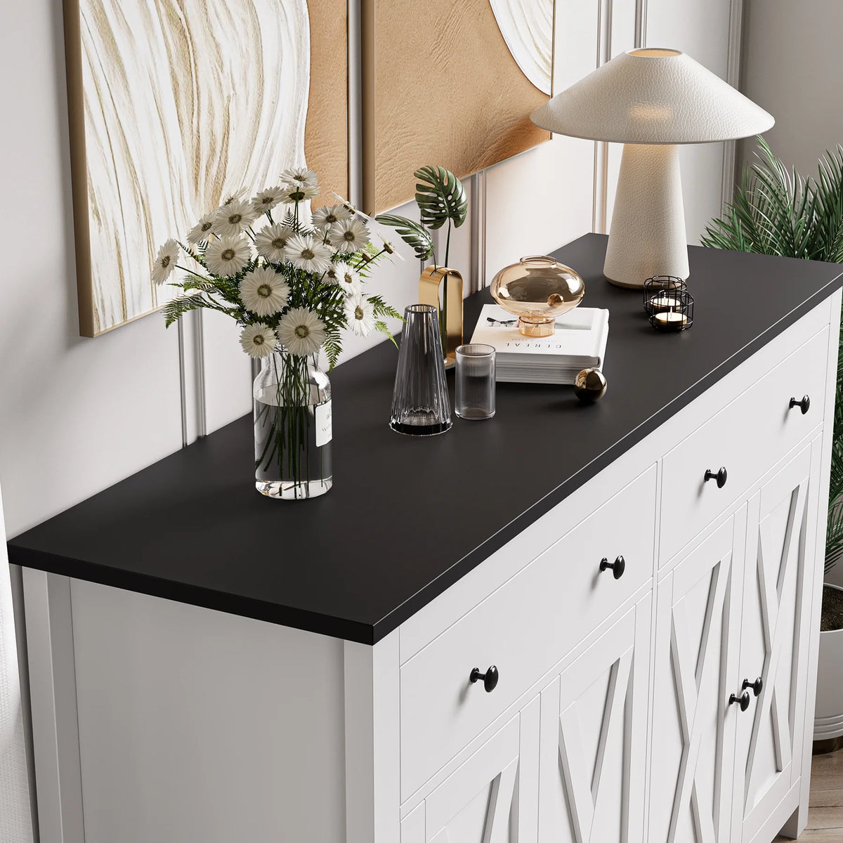 Homfa 55.1'' W Farmhouse Storage Cabinet, 4-Doors 2-Drawers Wood Sideboard with Adjustable Shelves for Kitchen Dining Room, White