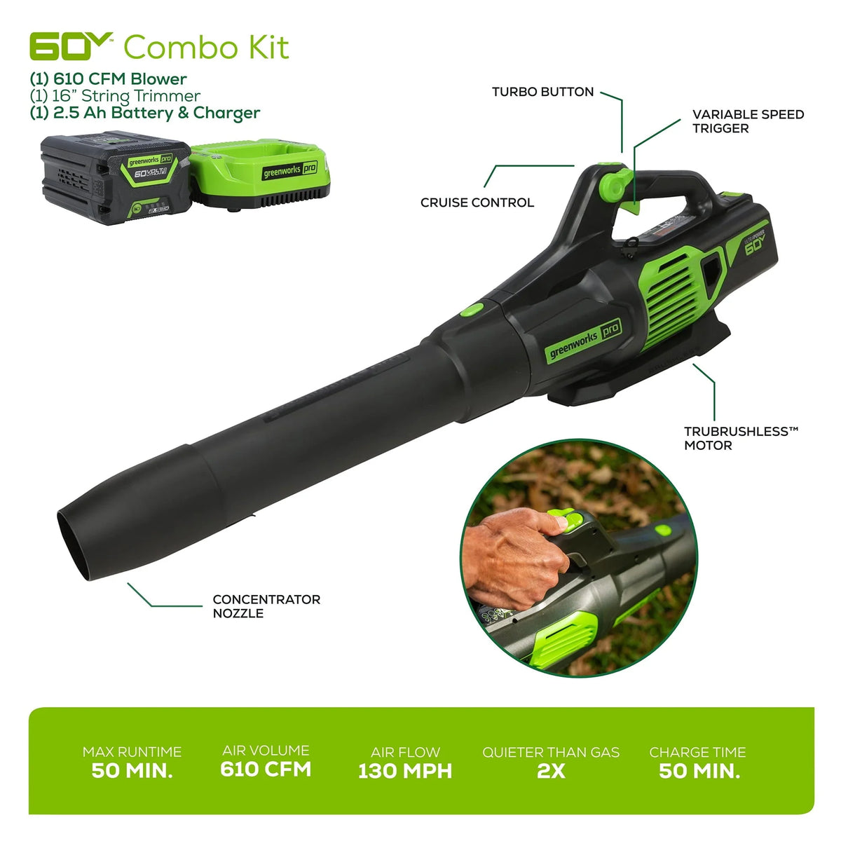 Greenworks 60V Cordless 13" String Trimmer and 125 MPH 450 CFM Leaf Blower Combo Kit, 4Ah Battery & Charger