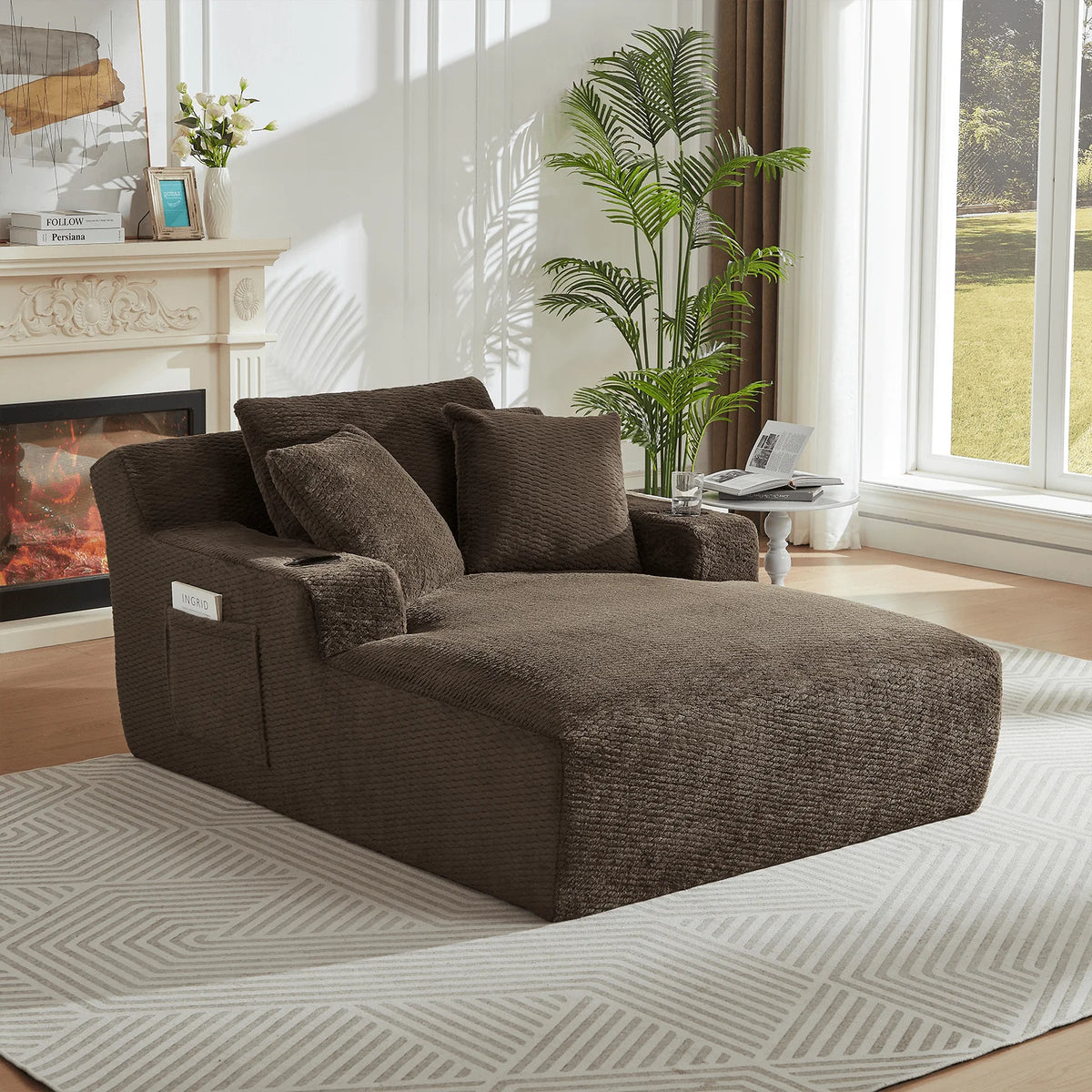 Lovableguy Oversized Chaise Lounge Chair Indoor,Comfy Deep seat Lounge Sofa with Cup Holders and Storage Pockets,Sleeper Sofa Bed for Living Room,Bedroom,No Assembly Required,Cream