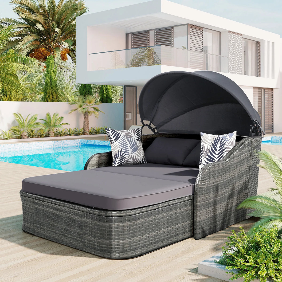 Outdoor Sun Lounger With Adjustable Canopy And Relaxing Pillow - Pe Black Blue Cushion 79.9" Daybed Cozy
