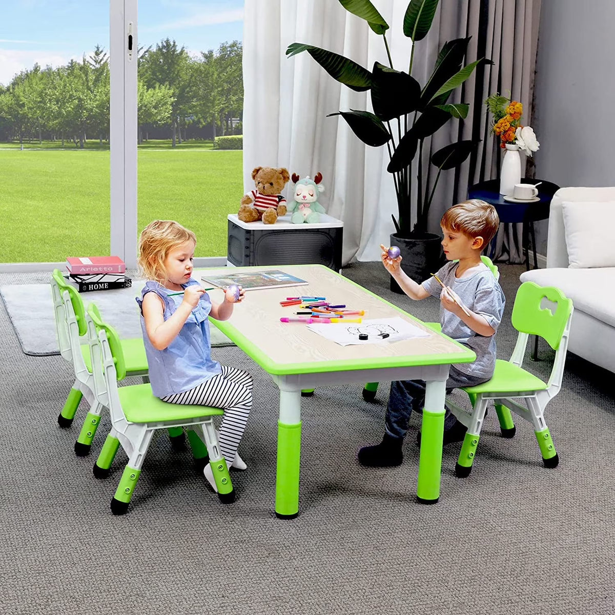 LAZY BUDDY Kids Table and 4 Chairs Set, Height Adjustable Toddler Desk with Graffiti Desktop, Kids Activity Table Set for Daycare, Home