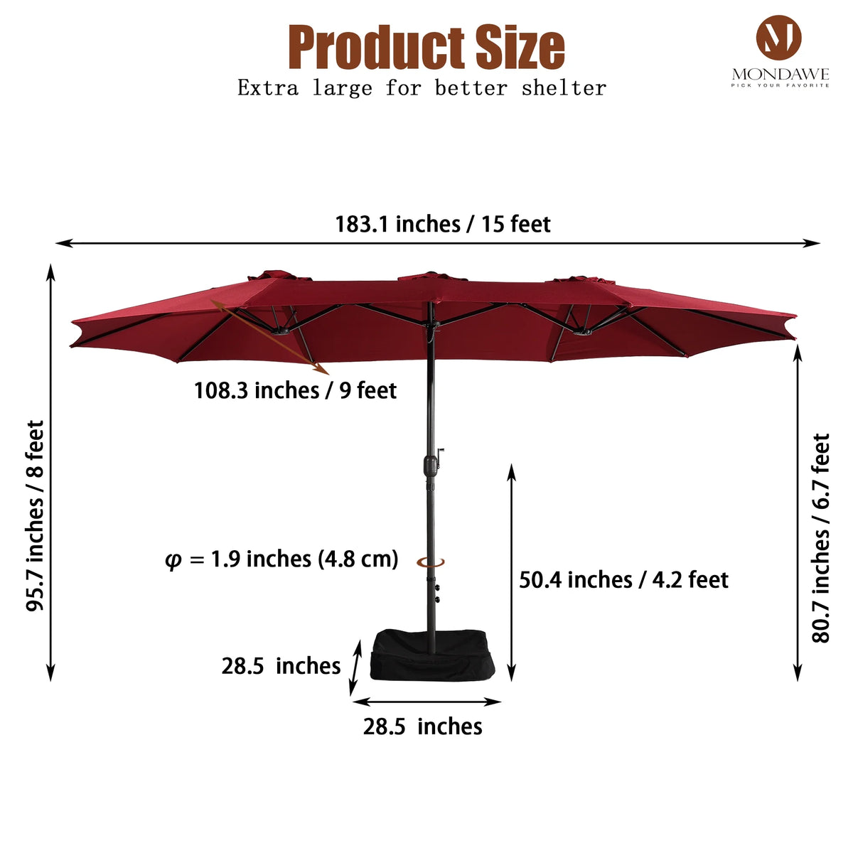 Mondawe 15ft Patio Umbrella Rectangular Outdoor Market Umbrella with Base and LED Lights Beige