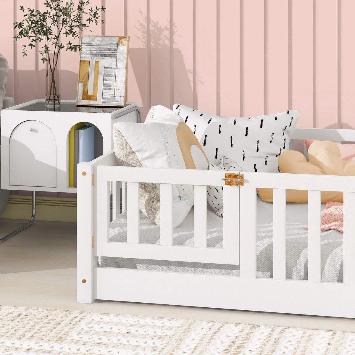 UHOMEPRO Twin Size Floor Bed with Door and Fence, Montessori Floor Bed with Slats and Safety Guardrails, Solid Wood Twin Bed Frame for Bedroom, White