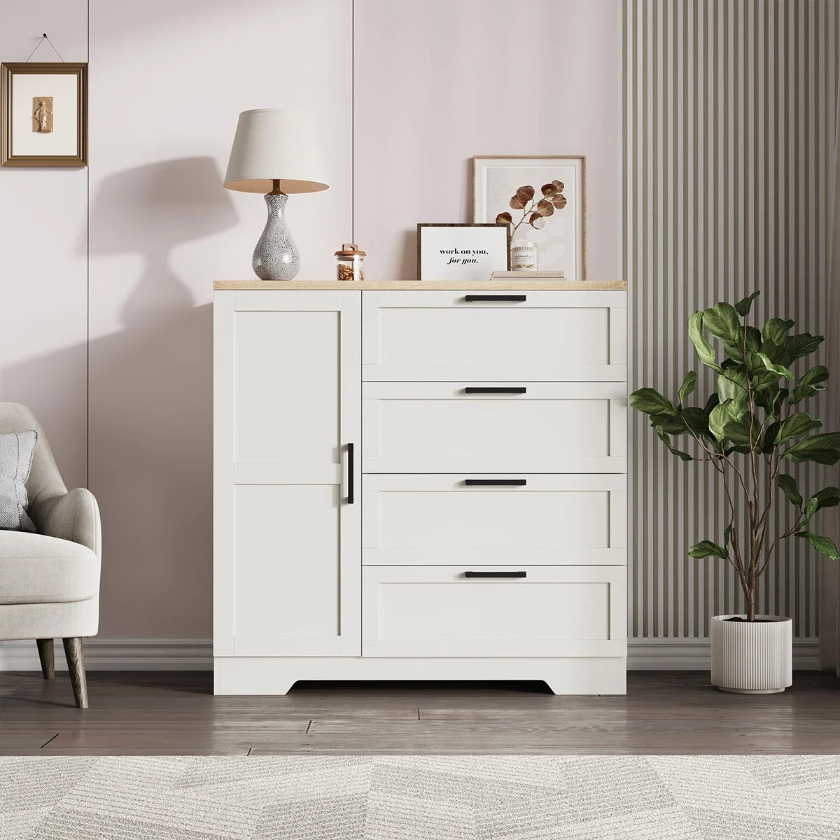 Ataucjin Wood Armoire Wardrobe Closet with 4 Drawers and Door, 43.3" H Bedroom Wardrobe Cabinet with Hanging Rod, Clothing Storage Cabinets, 4 Drawers Dresser with Storage Closet