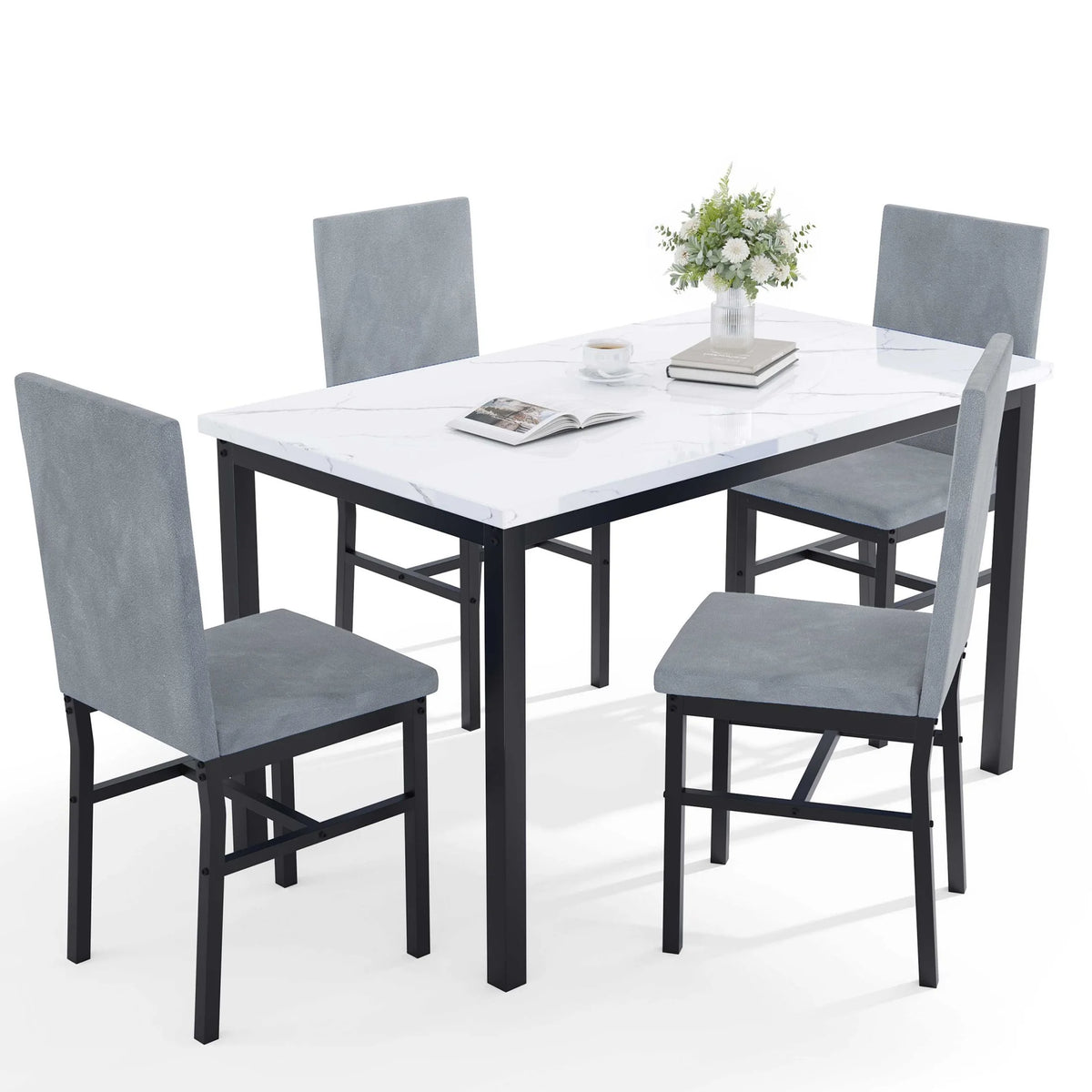 5 Piece Dining Room Table Set, Modern Dining Table Sets with Gray Velvet Upholstered Chairs for 4, Faux Marble Pattern Rectangle Kitchen Table Set for Bar Living Room Breakfast Nook Small Space
