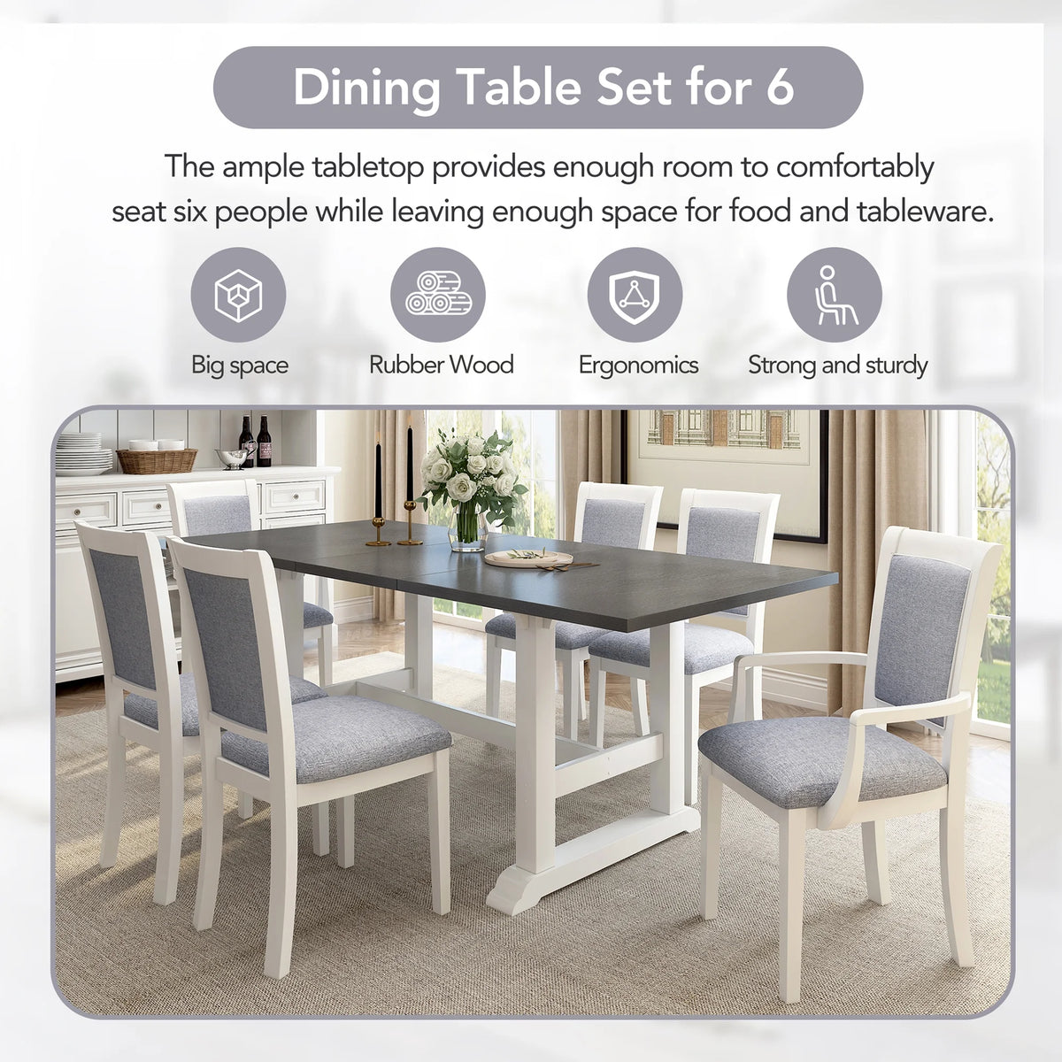 Harper & Bright Designs Farmhouse 7 Pieces Extendable Dining Table Set for 6, Solid Wood Kitchen Table with Butterfly Leaf and 6 Upholstered Chairs, Brown