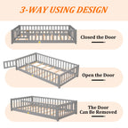 UHOMEPRO Twin Size Floor Bed with Door and Fence, Montessori Floor Bed with Slats and Safety Guardrails, Solid Wood Twin Bed Frame for Bedroom, White
