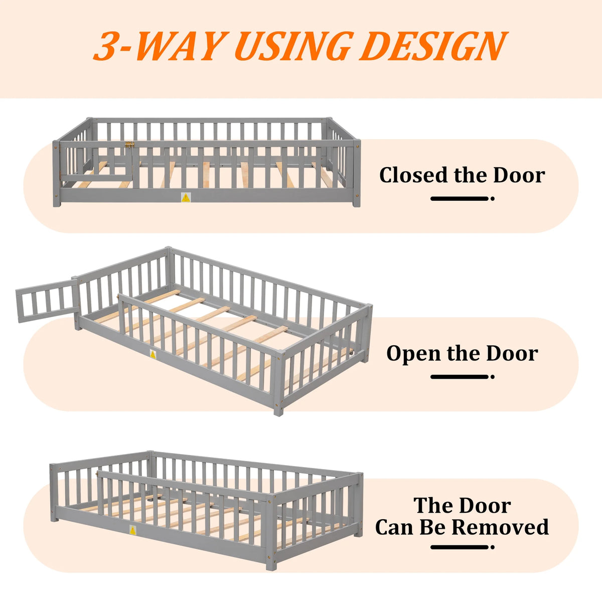 UHOMEPRO Twin Size Floor Bed with Door and Fence, Montessori Floor Bed with Slats and Safety Guardrails, Solid Wood Twin Bed Frame for Bedroom, White