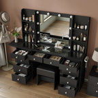 Yanosaku Vanity With Power Outlet, Vanity Desk With Mirror And 10 LED Lights, 10 Drawers Makeup Vanity With 6 Shelves, Fold-Up Panel, Vanity Table With Chair For Bedroom