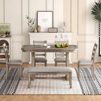 Bellemave 6-Piece Dining Table Set, Rubber Wood Rectangular Kitchen Table Set for 6, Farmhouse Dining Table Set with 4 Upholstered Chairs and Bench (Gray)