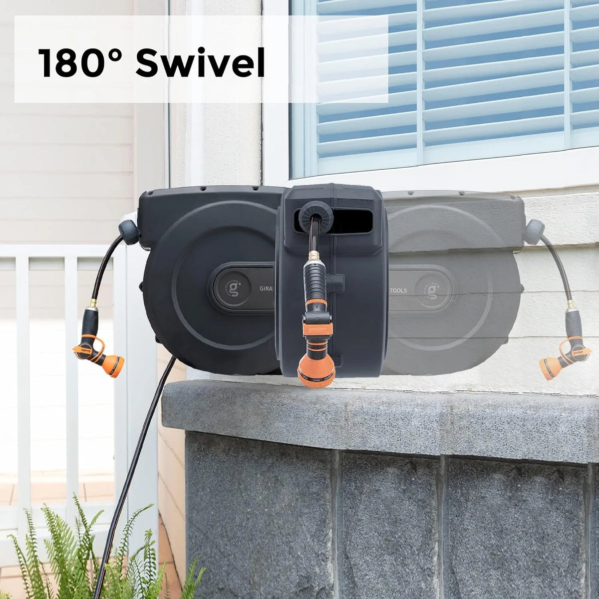 Giraffe Tools Retractable Garden Hose Reel with 1/2in-100ft Water Hose, Plastic Bracket, Wall Mounted, Dark Grey