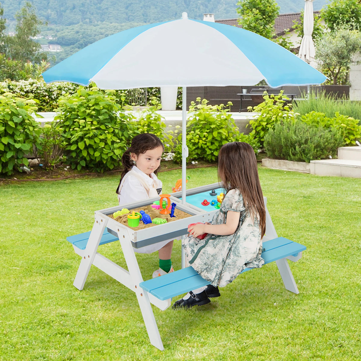 Costway 3-in-1 Kids Picnic Table Wooden Outdoor Sand & Water Table with Umbrella Play Boxes Green