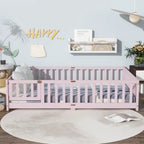 Bellemave Full Size Floor Bed with Door and Fence Floor Bed with Bed Slats Sturdy Wood Floor Bed Montessori Bed Frame (Full, Pink)