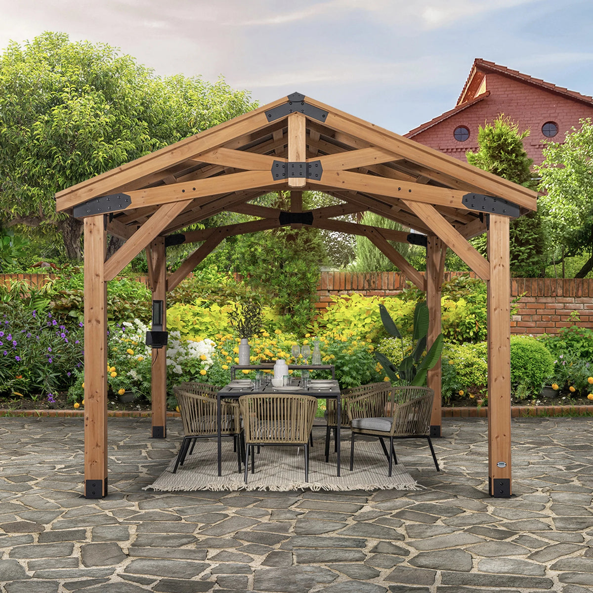 Backyard Discovery Norwood 14' x 12' Cedar Wood Gazebo, Galvanized Steel Roof, PowerPort