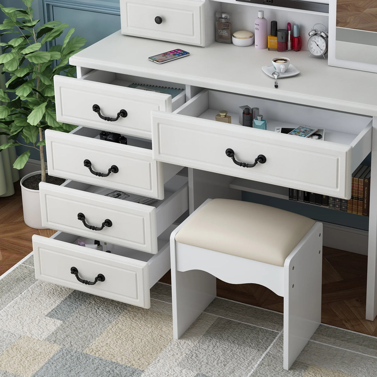 Wohh MDF Makeup Vanity with LED Mirror, Dressing Table and 5 Drawers, White