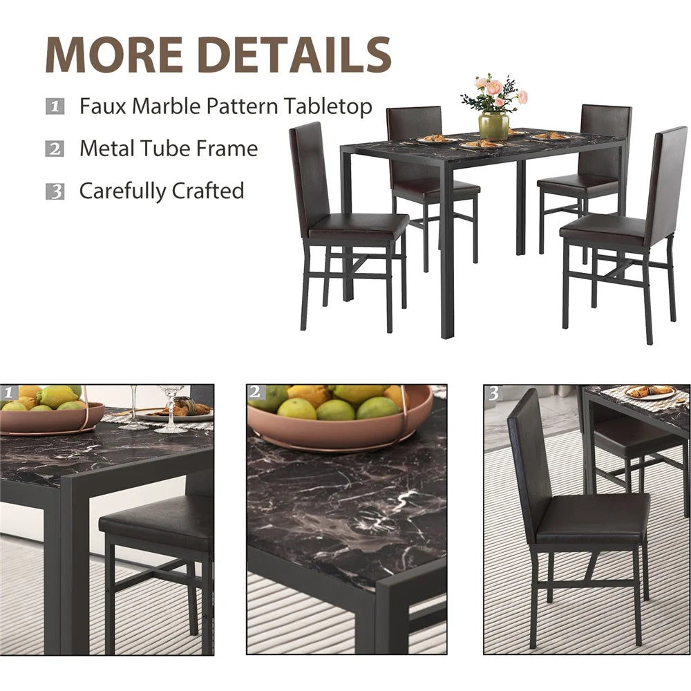5 Piece Dining Room Table Set, Modern Dining Table Sets with Gray Velvet Upholstered Chairs for 4, Faux Marble Pattern Rectangle Kitchen Table Set for Bar Living Room Breakfast Nook Small Space