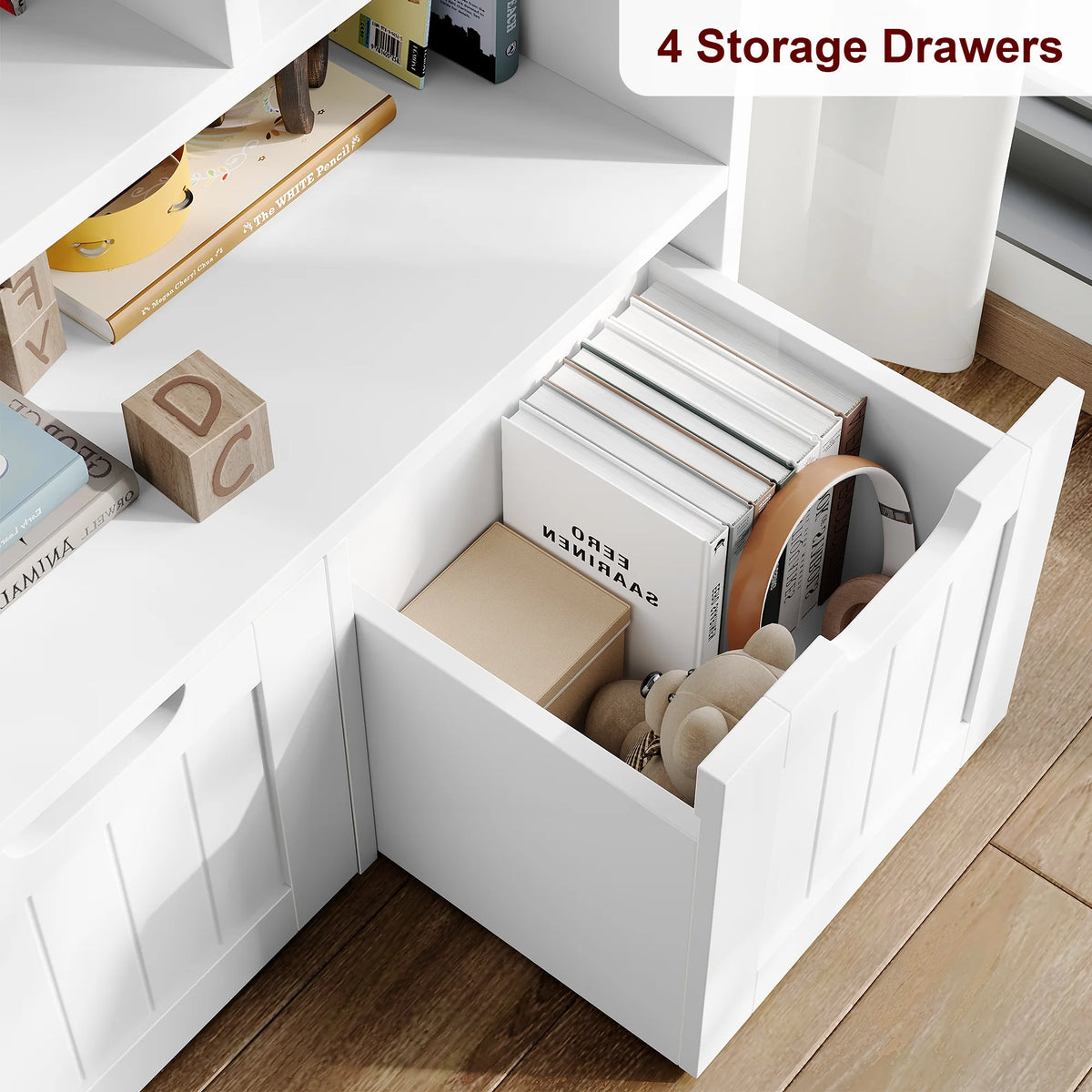 Homfa 7 Cube Toy Storage Organizer, Kids Geometric Bookcase and Bookshelf with 4 Drawers, White
