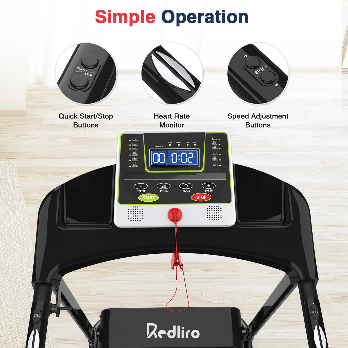 Redliro Treadmill for Seniors with Long Handrails - Recovery Treadmill for Walking 300 lbs Weight Capacity - Walking Treadmill Elderly with Desk & Cup Holder (Glossy Black)