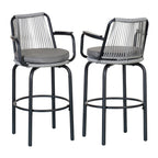 Lyric Modern 29" Outdoor Patio Bar Stools, Bar Chairs with Wood Grain Finish Frame with Hand-Woven PE Rattan Rope, Removable Cushions, Teak+Beige, Set of 2