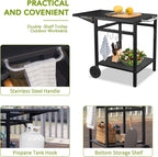 Pizzello Outdoor Grill Pizza Oven Food Prep Bbq Cart Stand Table with Storage Wheels Expandable Countertop, Black