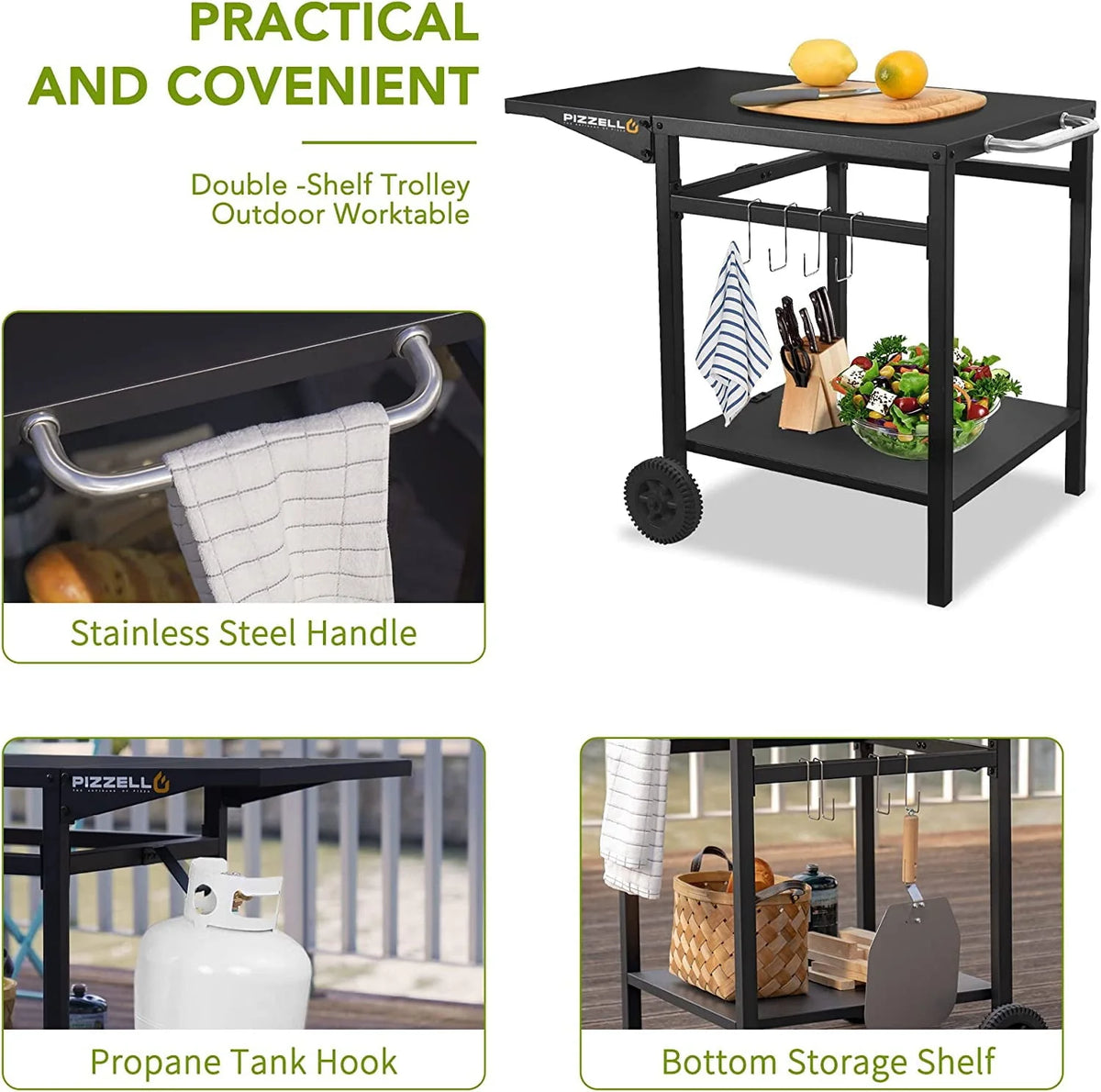 Pizzello Outdoor Grill Pizza Oven Food Prep Bbq Cart Stand Table with Storage Wheels Expandable Countertop, Black