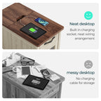 LINSY HOME End Tables for Living Room with Charging Station, Nightstand for Bedroom with Drawer and Detachable Holder,Washed Grey & Brown