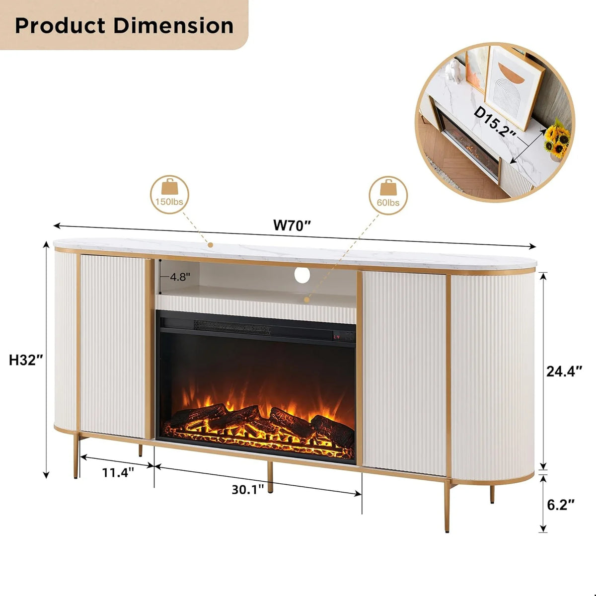 OKD Luxury Fireplace TV Stand for TVs Up to 80 inches, 70" Modern Fluted Entertainment Center with Electric Fireplace, Media Console TV Stand for Living Room,Natural Oak