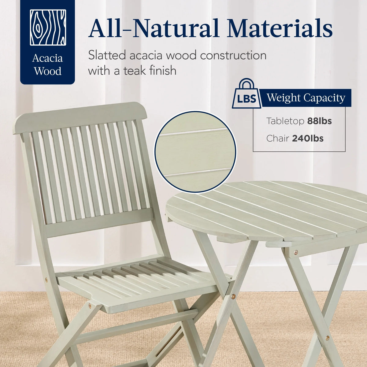 Best Choice Products 3-Piece Acacia Wood Bistro Set, Folding Patio Furniture w/ 2 Chairs, Table - Natural