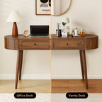 YOCWO Modern Home Office Desk with  2 Drawers and 2 Fflip-top Storage, Oval Computer PC Desk Table, Vanity Desk with Fluted Curved Table Edge, Walnut