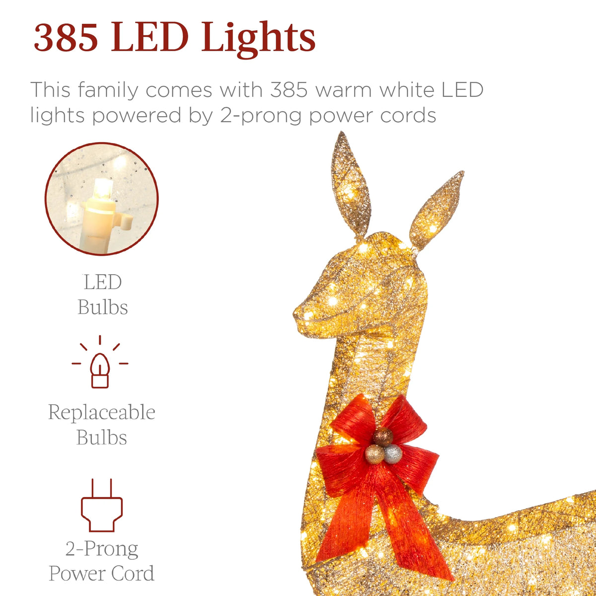 Best Choice Products 6.5ft 3-Piece Lighted Christmas Deer Set Outdoor Yard Decoration w/ 385 LED Lights, Stakes - Gold