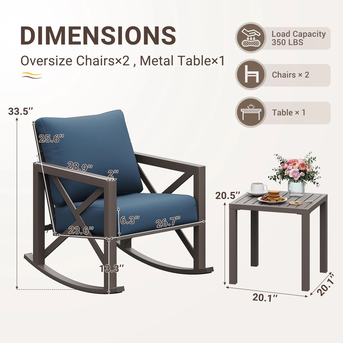 MRUAKA Rocking Chair Bistro Set,3 Piece Outdoor Patio Furniture Set with 2 Rockers and 1 Metal Coffee Table with Thick Cushions for Porch,Backyard,Poolside,Beige