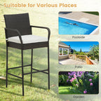 Gymax Set of 2 Wicker Bar Stools Set Outdoor High Back Bar Counter Chairs w/ Cushions