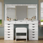 Yanosaku 15 Drawers Vanity Desk with Power Outlet, Makeup Table with Mirror and 13 LED Lights, 3 Color Lighting Modes, Brightness Adjustable, Glass Top Dressing Table, Vanity Set for Bedroom