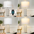 Cinkeda Table Lamp Set of 2 for Living Room Bedroom with USB Ports AC Outlet 3 Way Dimmable Touch Nightlight Farmhouse White Floral Nightstand Bedside Lamps