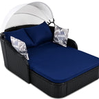 Outdoor Sun Lounger With Adjustable Canopy And Relaxing Pillow - Pe Black Blue Cushion 79.9" Daybed Cozy