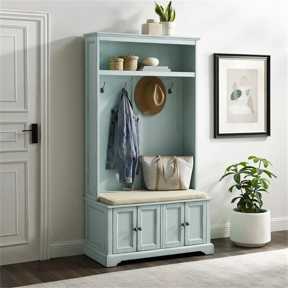 Bowery Hill Traditional Wood Hall Tree in Seafoam Blue/Oatmeal