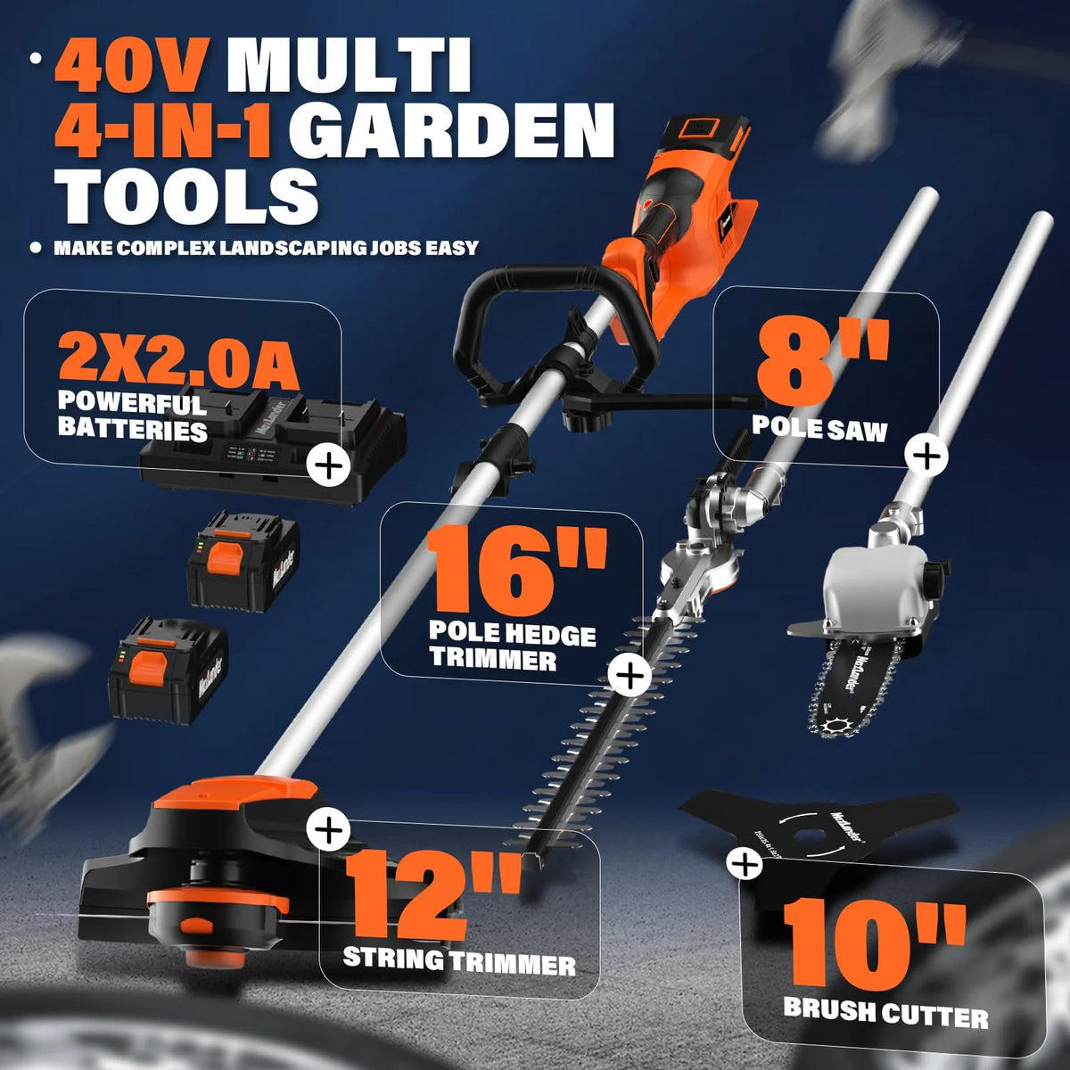 MAXLANDER 40V Cordless Weed Wacker, 4-in-1 Lawn Tool with Hedge Trimmer, 8-inch Pole Saw & Brush Cutter, 2×20V 4Ah Batteries & Charger Included