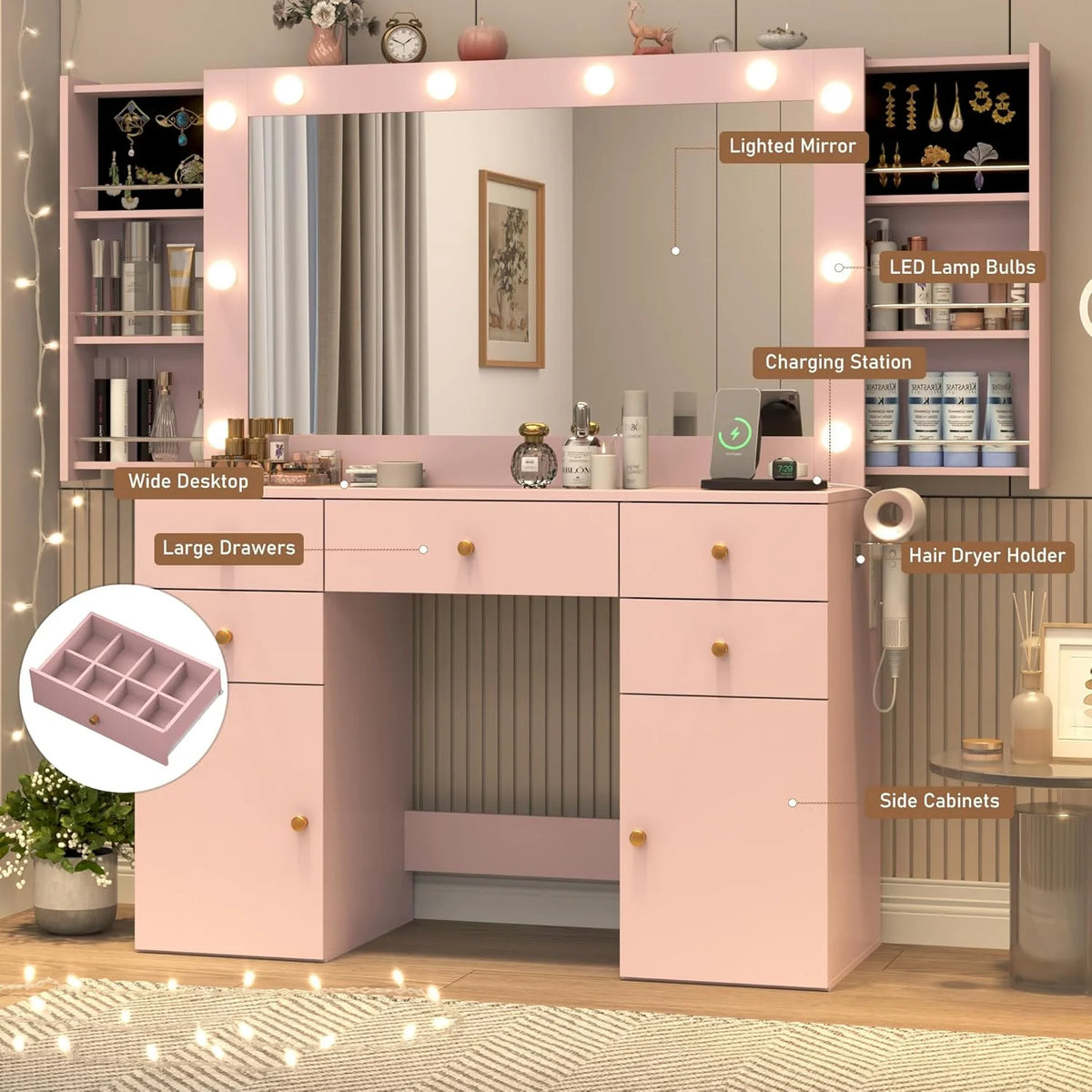 White Vanity Desk with Large Lighted Mirror & Power Outlet, Makeup Vanity Table with Glass Top & Drawers, Sliding Storage, 44.1" Large Makeup Vanity Table for Women Girls, White