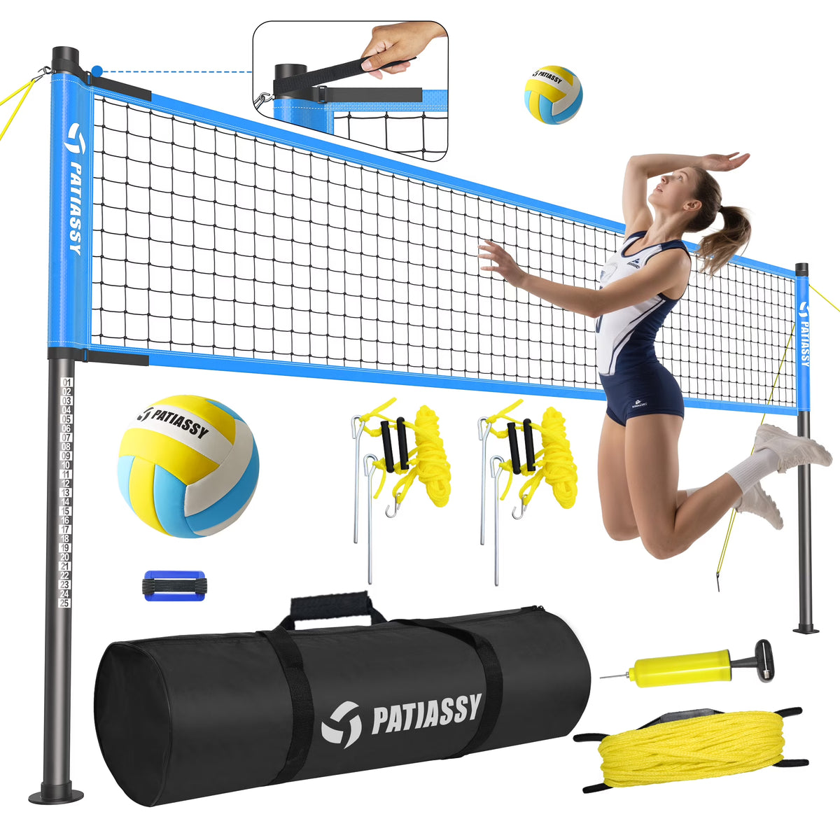 Patiassy Outdoor Portable Volleyball Net Set System for Backyard - Quick & Easy Setup Adjustable Height Steel Poles, PU Volleyball, Pump and Carrying Bag