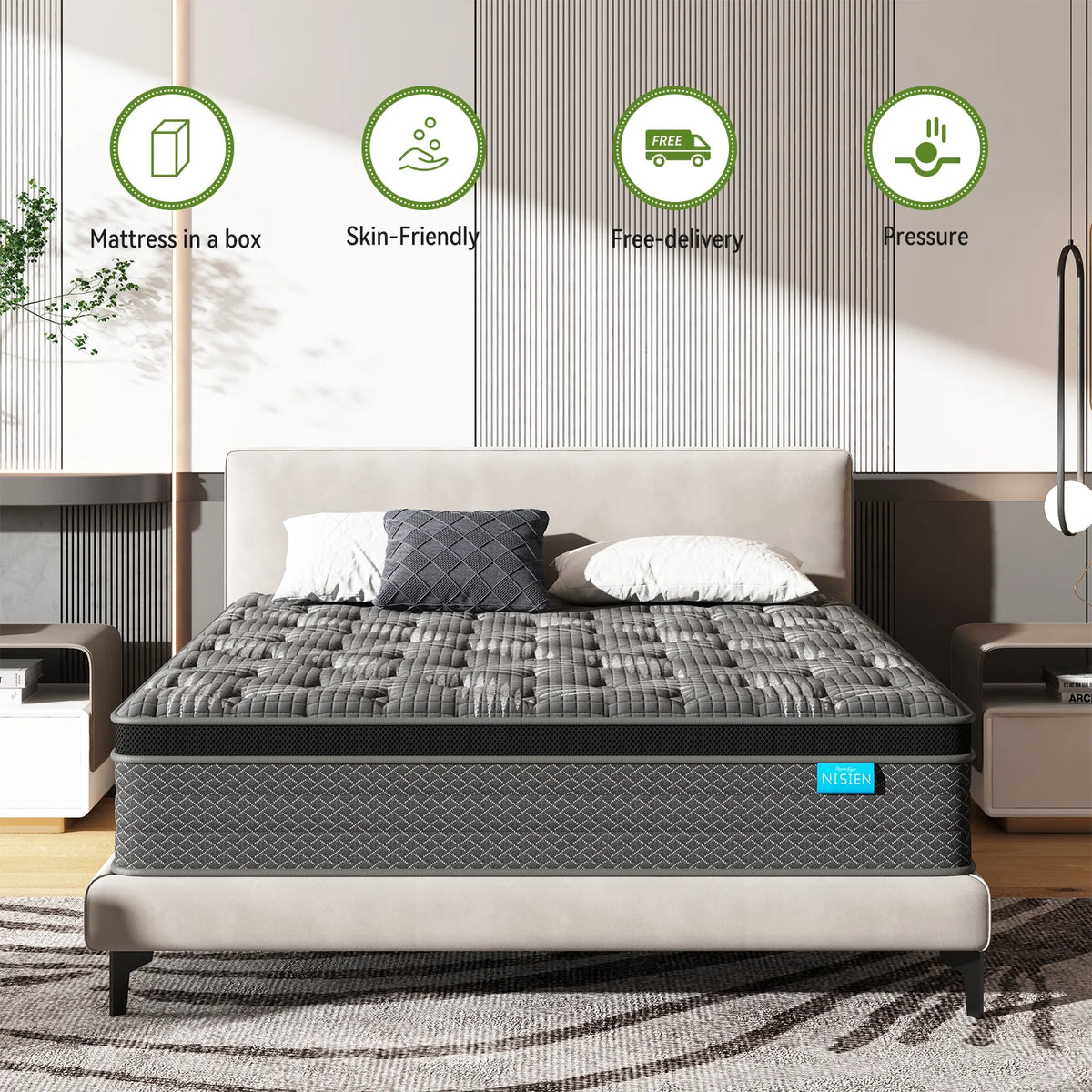 King Mattress,Nisien 14 Inch Hybrid Mattress in a Box, Gel Foam Mattress, Individually Wrapped Pocket Coils Innerspring Mattress, Support & Pressure Relief, Medium Firm Feel, 76"*80"*14"