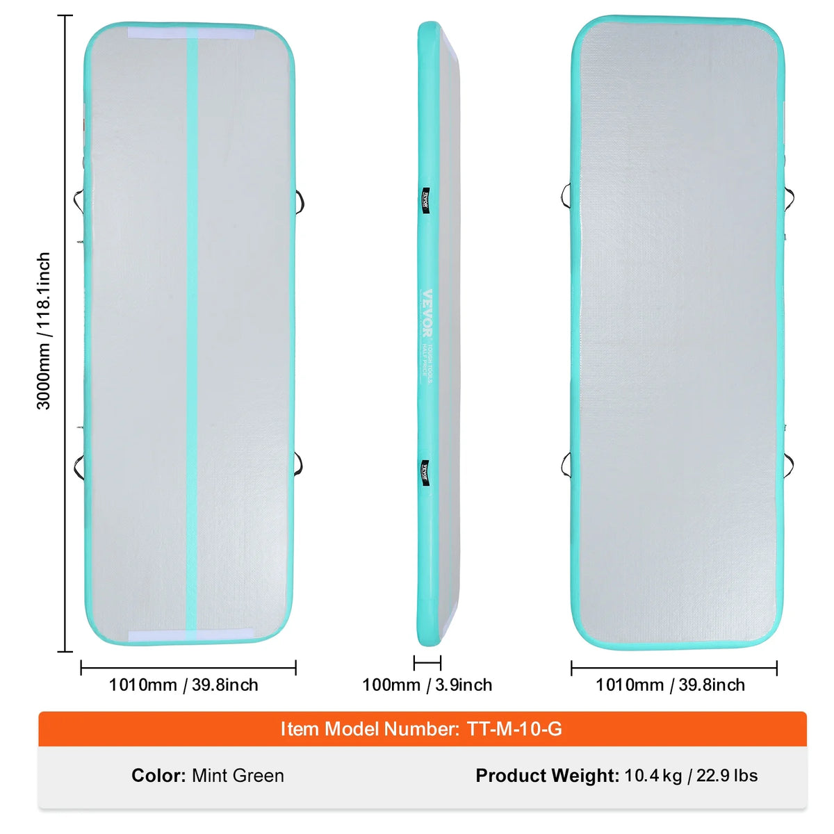 VEVOR Gymnastics Air Mat, 4 inch Thickness Inflatable Gymnastics Tumbling Mat, Tumble Track with Electric Pump, Training Mats for Home Use/Gym/Yoga/Cheerleading/Beach/Park/Water, 10 ft, Mint Green