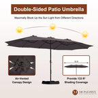 Mondawe 15ft Patio Umbrella Rectangular Outdoor Market Umbrella with Base and LED Lights Beige