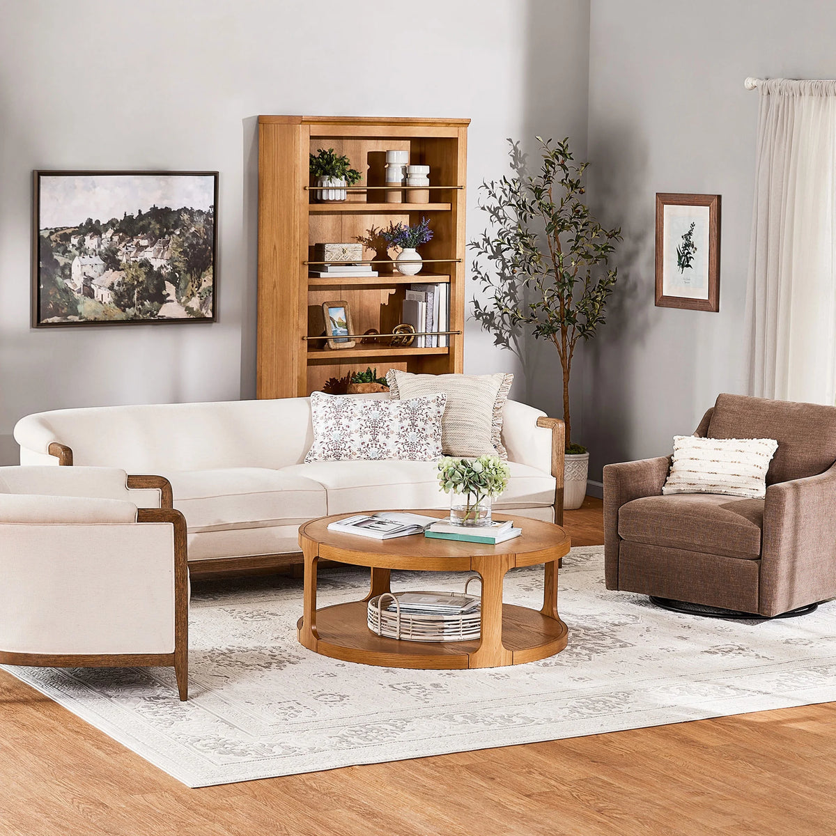 My Texas House Campbell Wood Accent Chair, Cream Fabric
