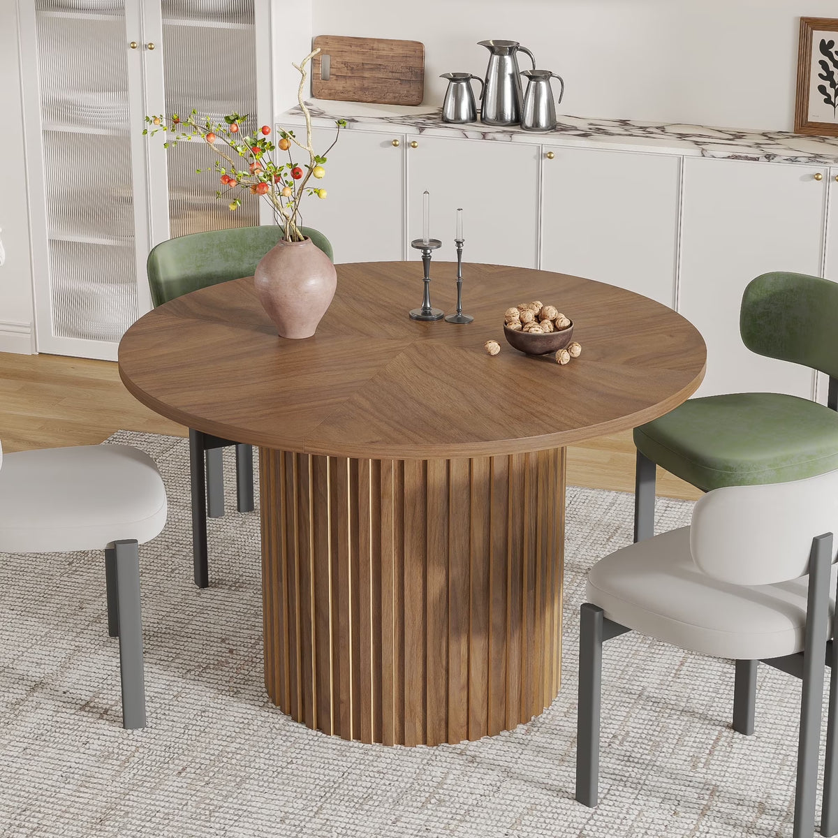 Modern Round Dining Table, 47 Inch Small Circle Kitchen Tables for 4-6, Wood Strip Base, Farmhouse Table for Kitchen, Dinning Room, Walnut