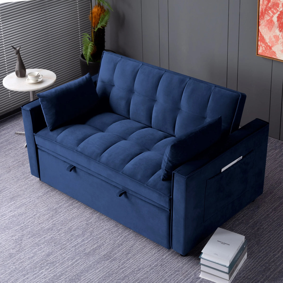 Gewnee 55'' Modern Convertible Velvet Sofa Bed with Pull-Out Twin Bed, Adjustable Backrest for Living Room, Office (Dark Gray)