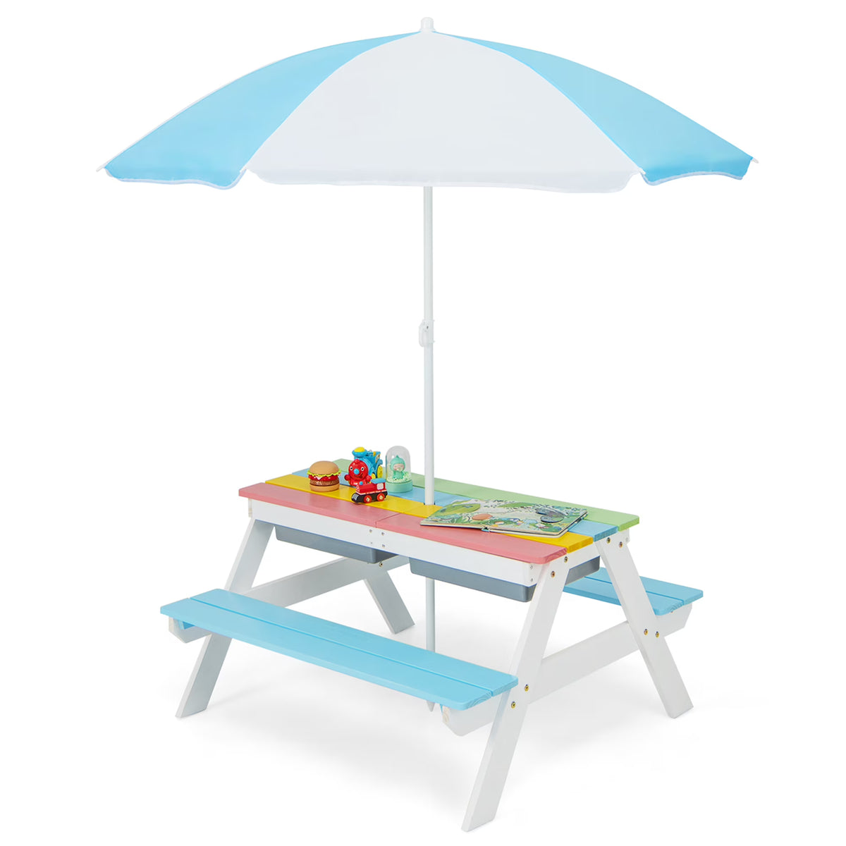 Costway 3-in-1 Kids Picnic Table Wooden Outdoor Sand & Water Table with Umbrella Play Boxes Green