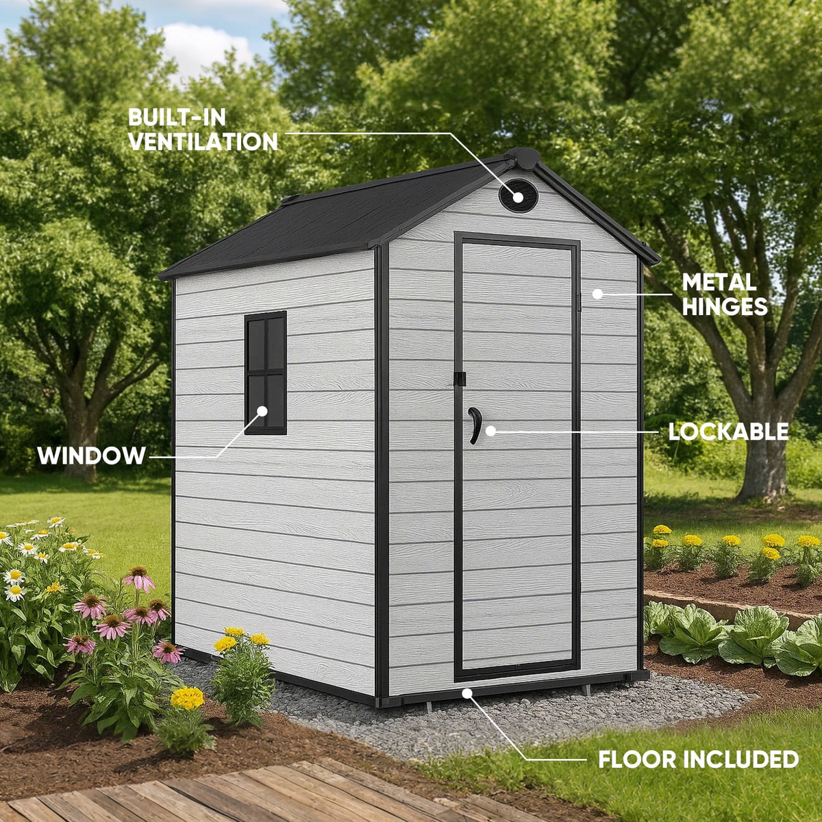 ZYJOYY 4'x 6' Resin Outdoor Garden Tool Storage Shed w/ Window, Grey