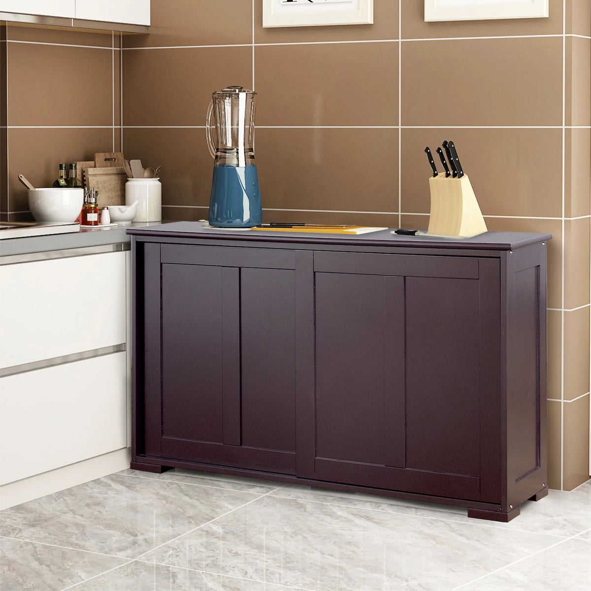 Costway Kitchen Storage Cabinet Sideboard Buffet Cupboard Wood Sliding Door Pantry White