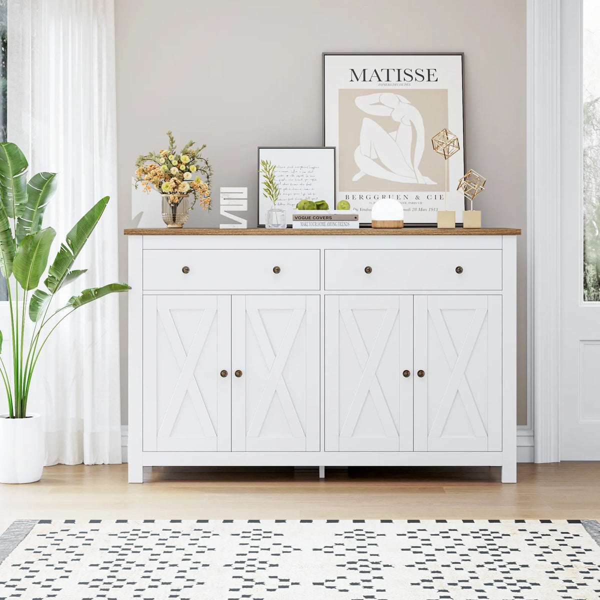 Homfa 55.1'' W Farmhouse Storage Cabinet, 4-Doors 2-Drawers Wood Sideboard with Adjustable Shelves for Kitchen Dining Room, White